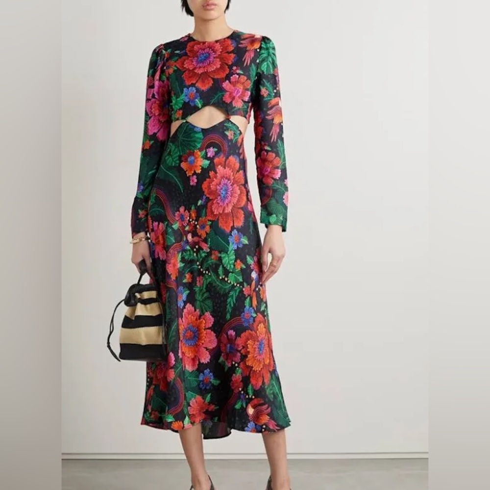 Farm Rio garden cutout midi satin dress